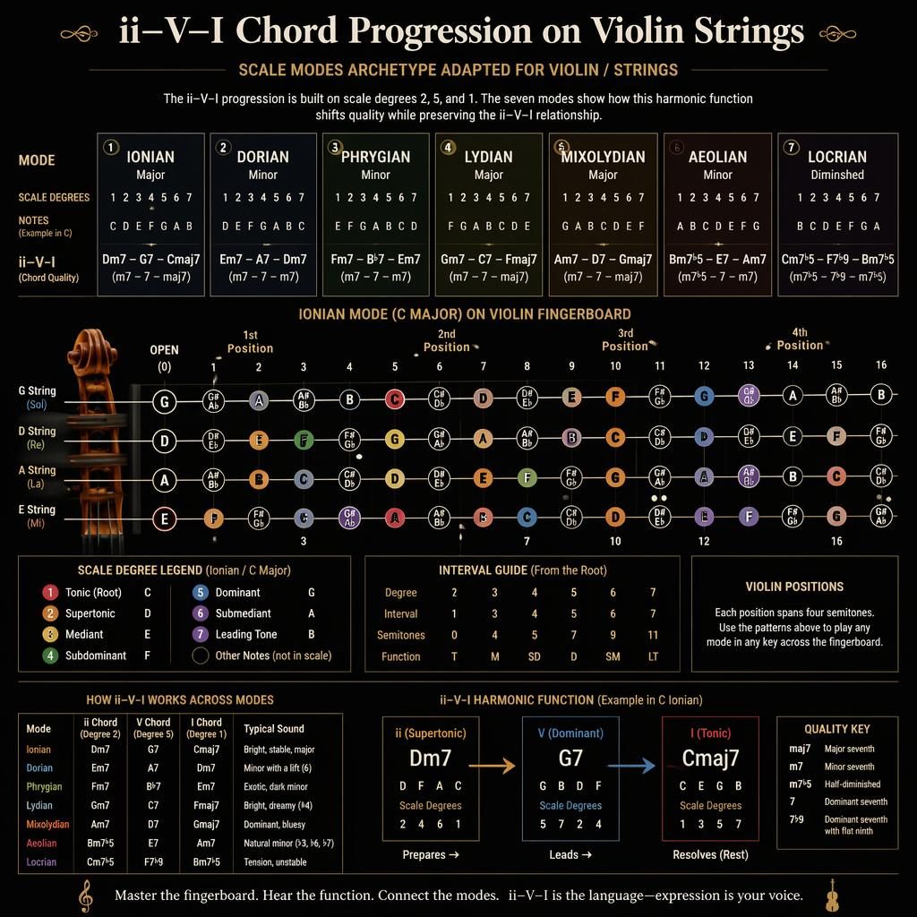 Dark-mode violin music theory infographic showing seven modes, fingerboard strings, note positions, and ii–V–I chords.