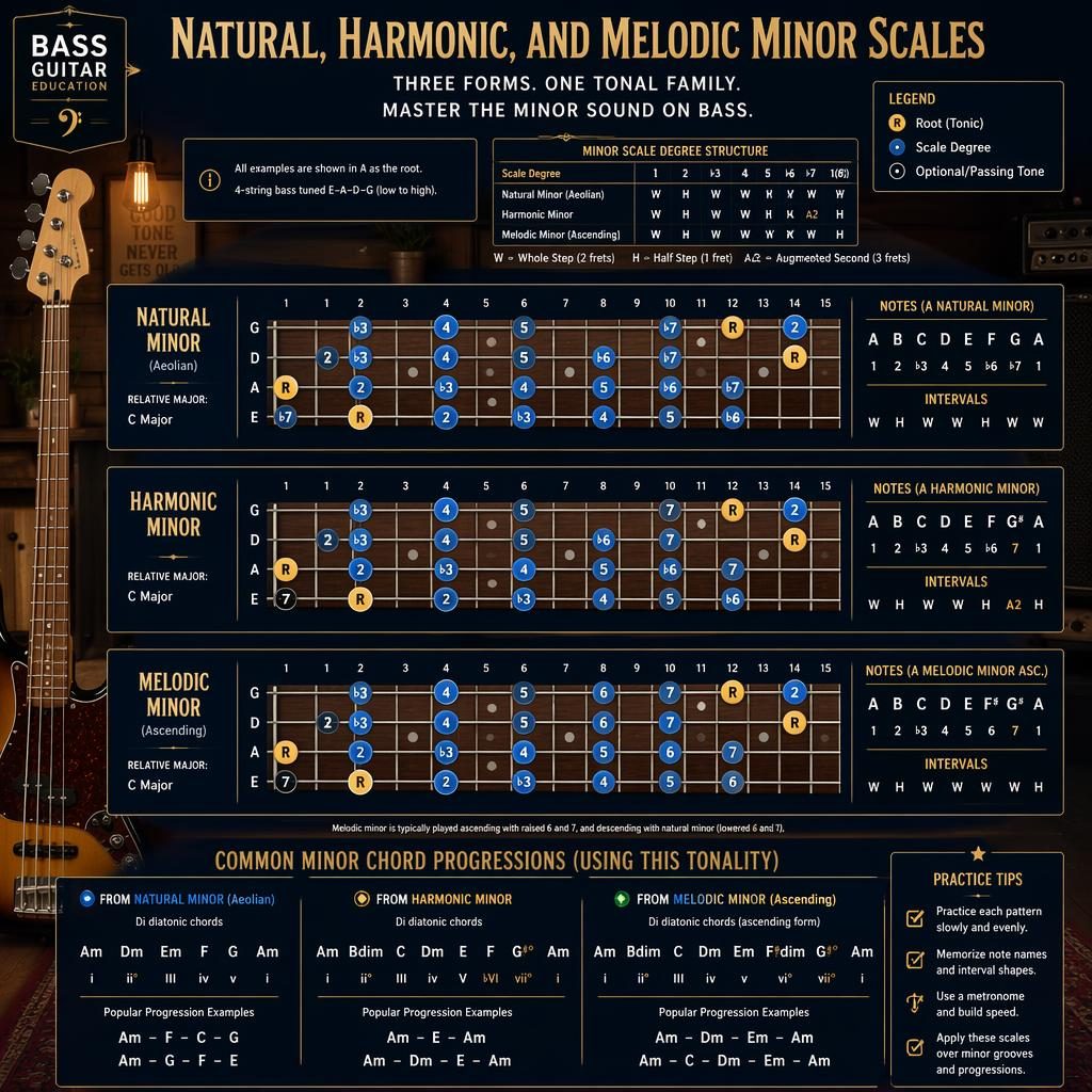 Music theory infographic poster with 4-string bass fretboard diagrams for natural, harmonic, and melodic minor scales.