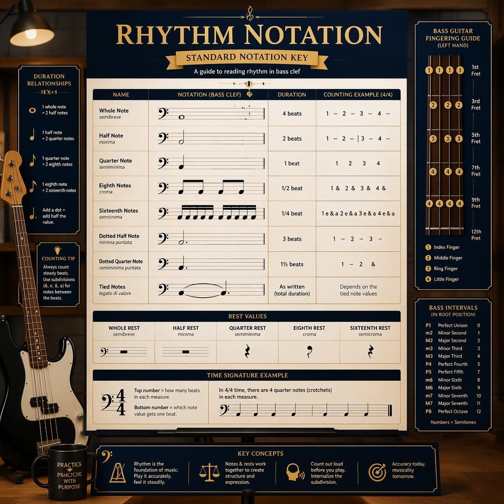Music theory infographic poster showing bass clef rhythm notation, rests, time signatures, and a bass guitar in a wood room.