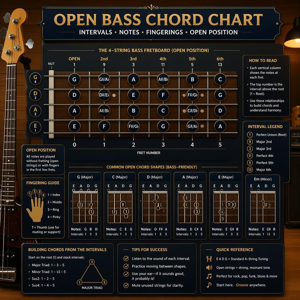 Editorial bass guitar chord infographic with 4-string fretboard, interval labels, note names, finger positions, and English callouts.