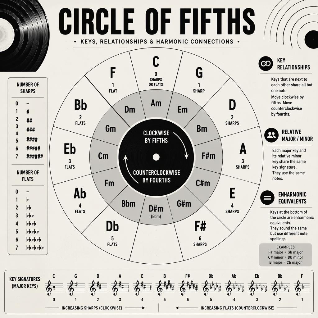 Černobílá infografika s kvintovým kruhem, 12 tóninami, paralelními moll a legendou křížků a béček.