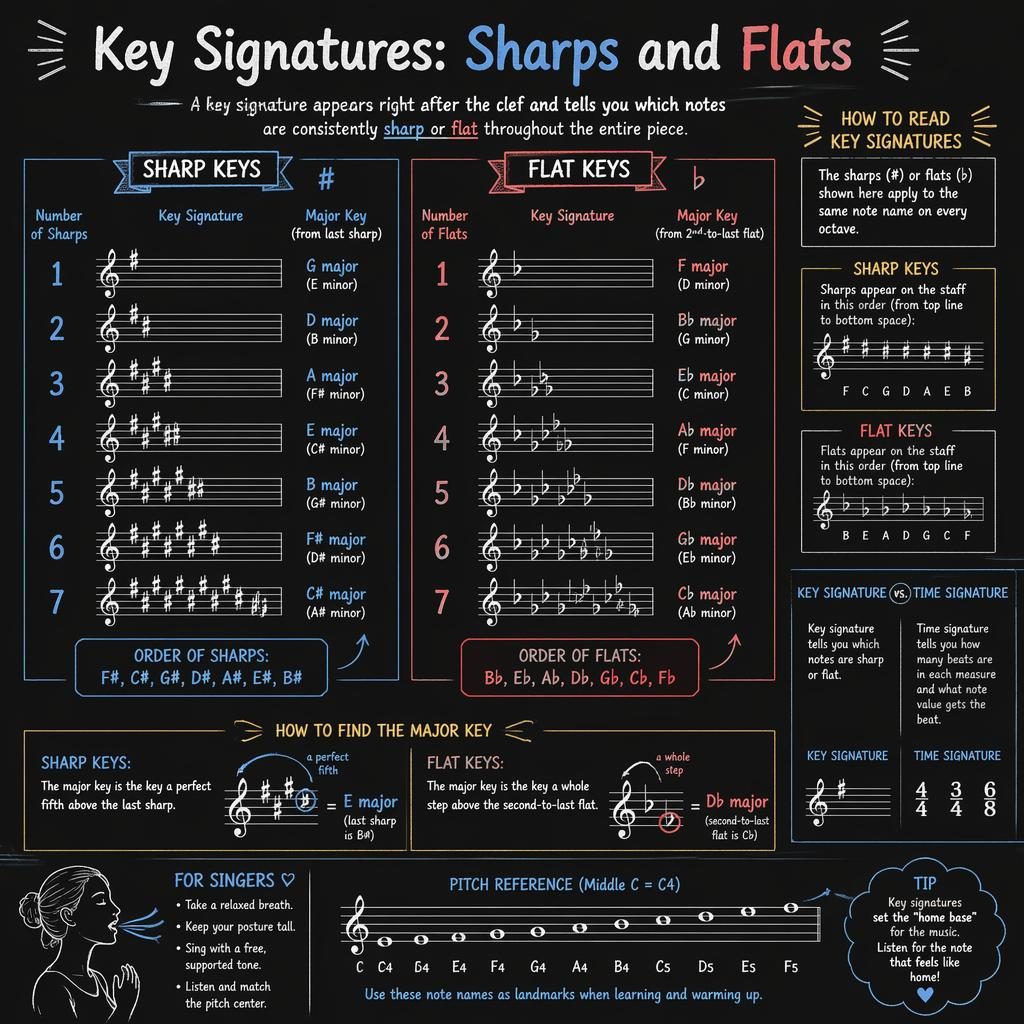 Dark mode chalk-style infographic showing treble staff key signatures with sharps and flats, singer sketch, and notes.