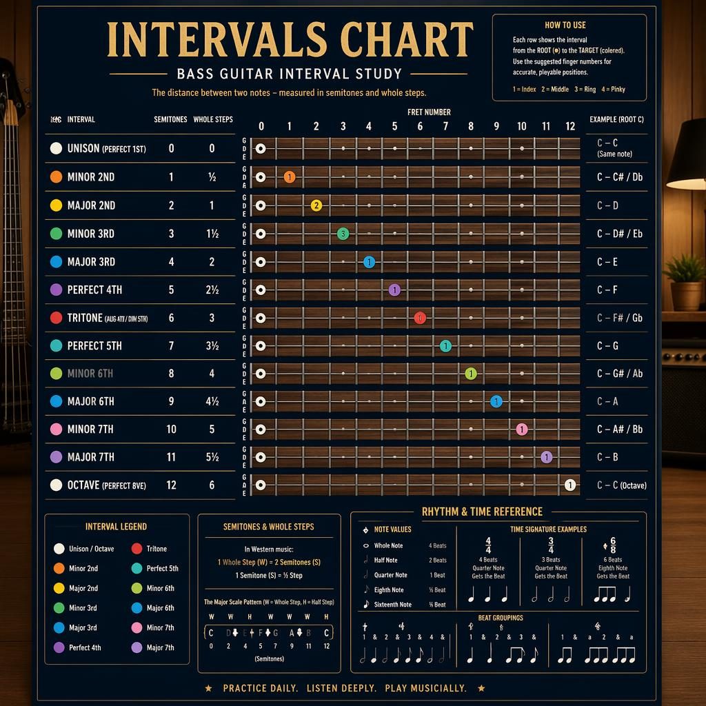 Infografía musical con diapasón de bajo de 4 cuerdas, intervalos señalados, leyenda en color y panel rítmico en sala de madera