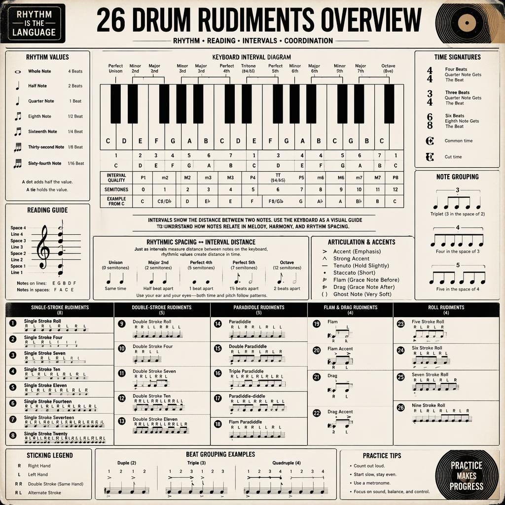 Monochrome retro infographic with piano keyboard diagram, interval markers, and 26 drum rudiments shown in notation panels.