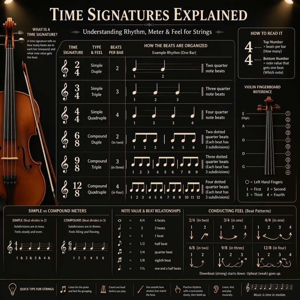 Dark mode music theory infographic showing time signatures, note groupings, treble clef, staff chart, and string accents.
