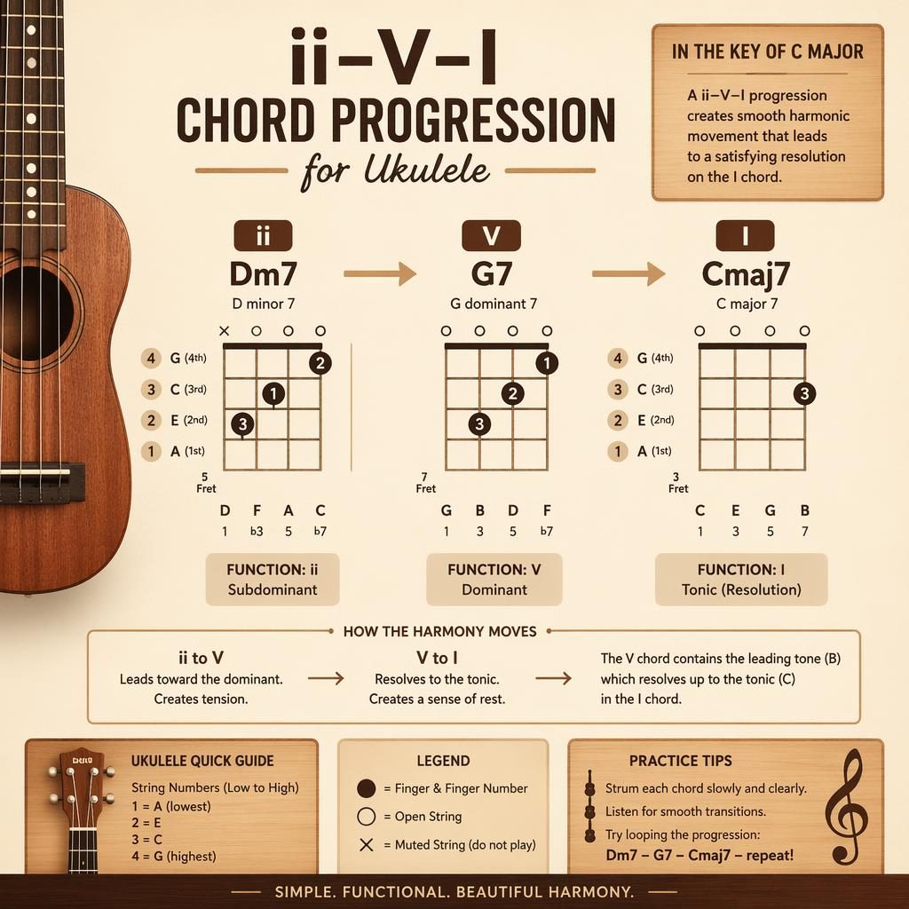 Minimal ukulele infographic showing ii–V–I chord boxes left to right with finger numbers, note labels, arrows, and warm wood tones.