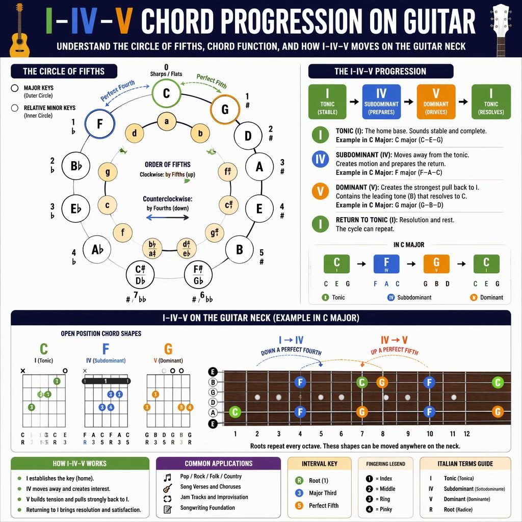 Music theory infographic with a circle of fifths, I–IV–V chord highlights, and a guitar fret board chart diagram.