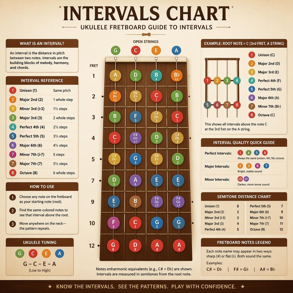 Moderne Musiktheorie-Infografik mit 4-saitigem Ukulele-Griffbrett, Intervallmarkierungen, Fingerdots und englischen Legenden.