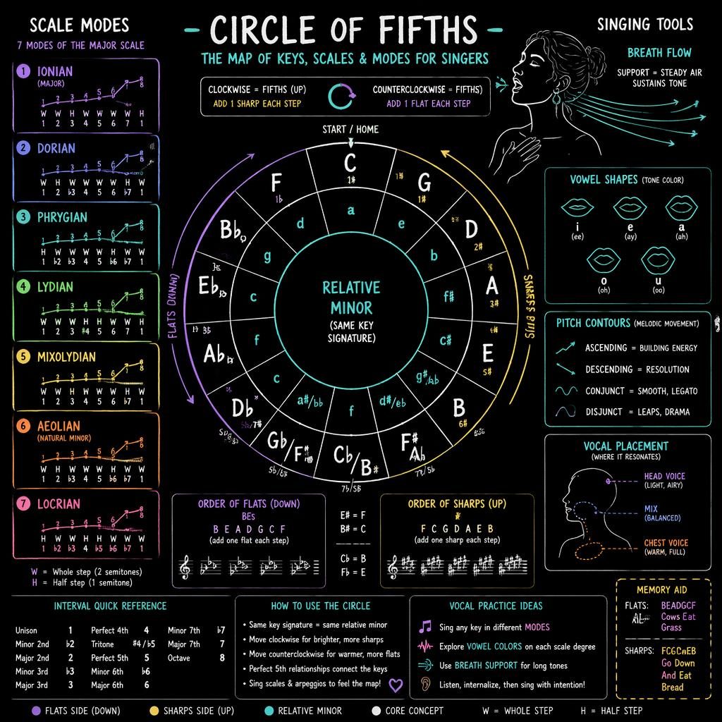 Dark mode music theory infographic with Circle of Fifths, relative minors, modes, vocal cues, and sharps and flats flow.
