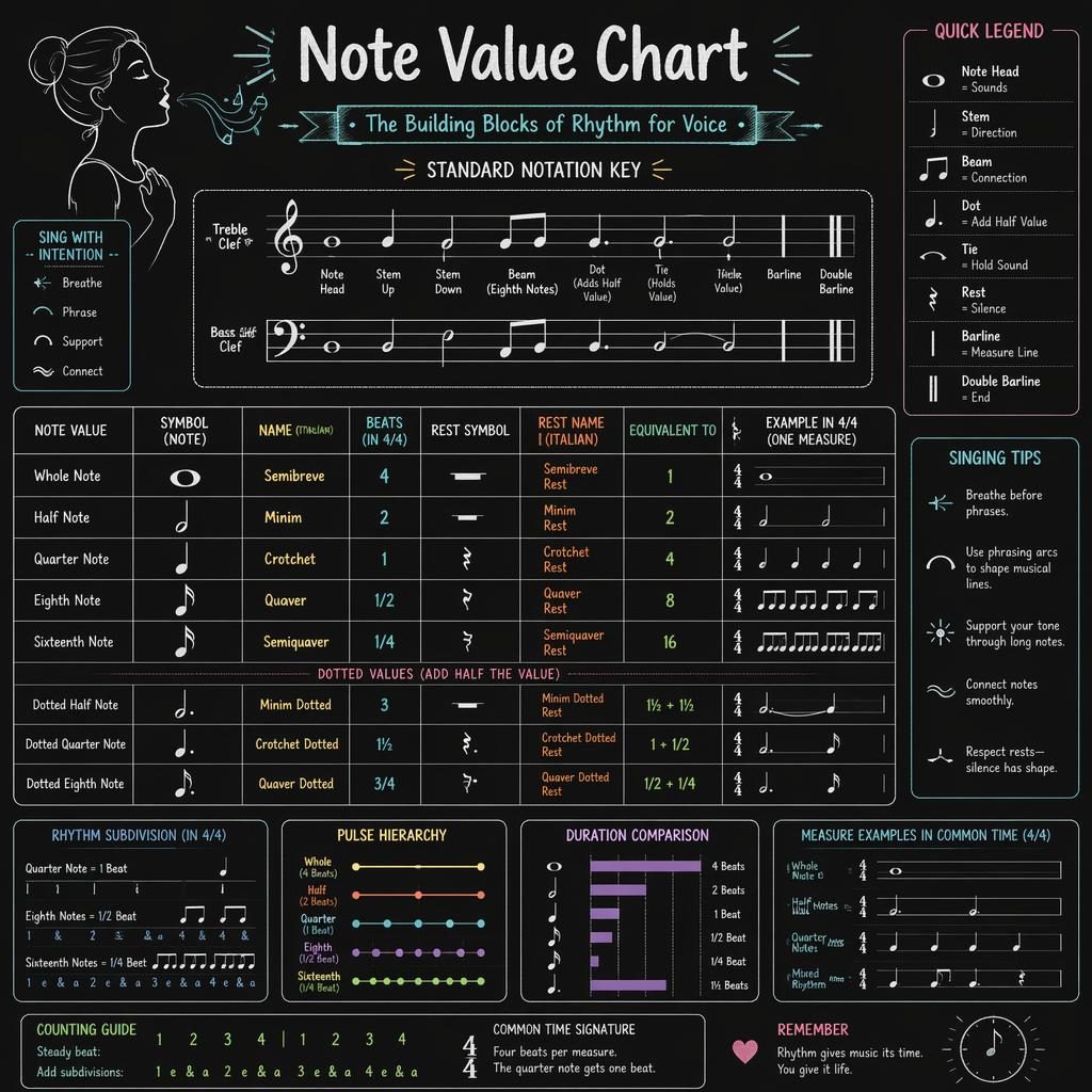 Dark sketchnote music theory infographic with staff notation, note values, rests, dotted rhythms, and singing visuals.