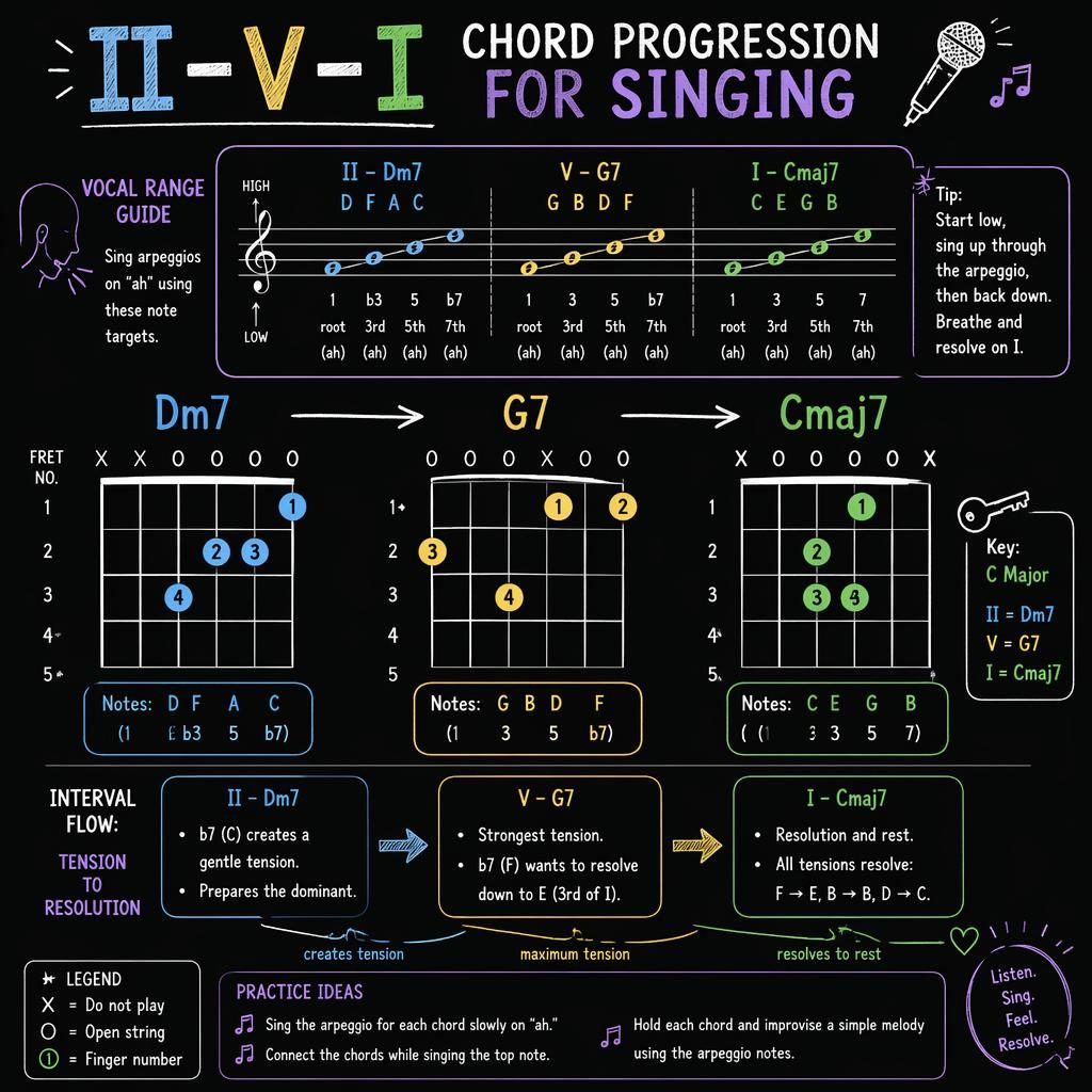 Infografía oscura con diagramas de acordes Dm7, G7 y Cmaj7, notas, digitación y guía vocal para cantar arpegios.