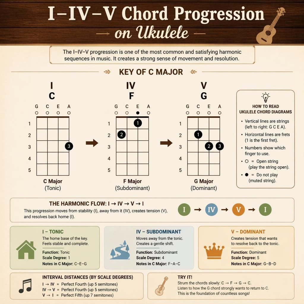 Modern music theory infographic showing C–F–G ukulele chord box diagrams with I–IV–V flow, wood texture background, and labels.