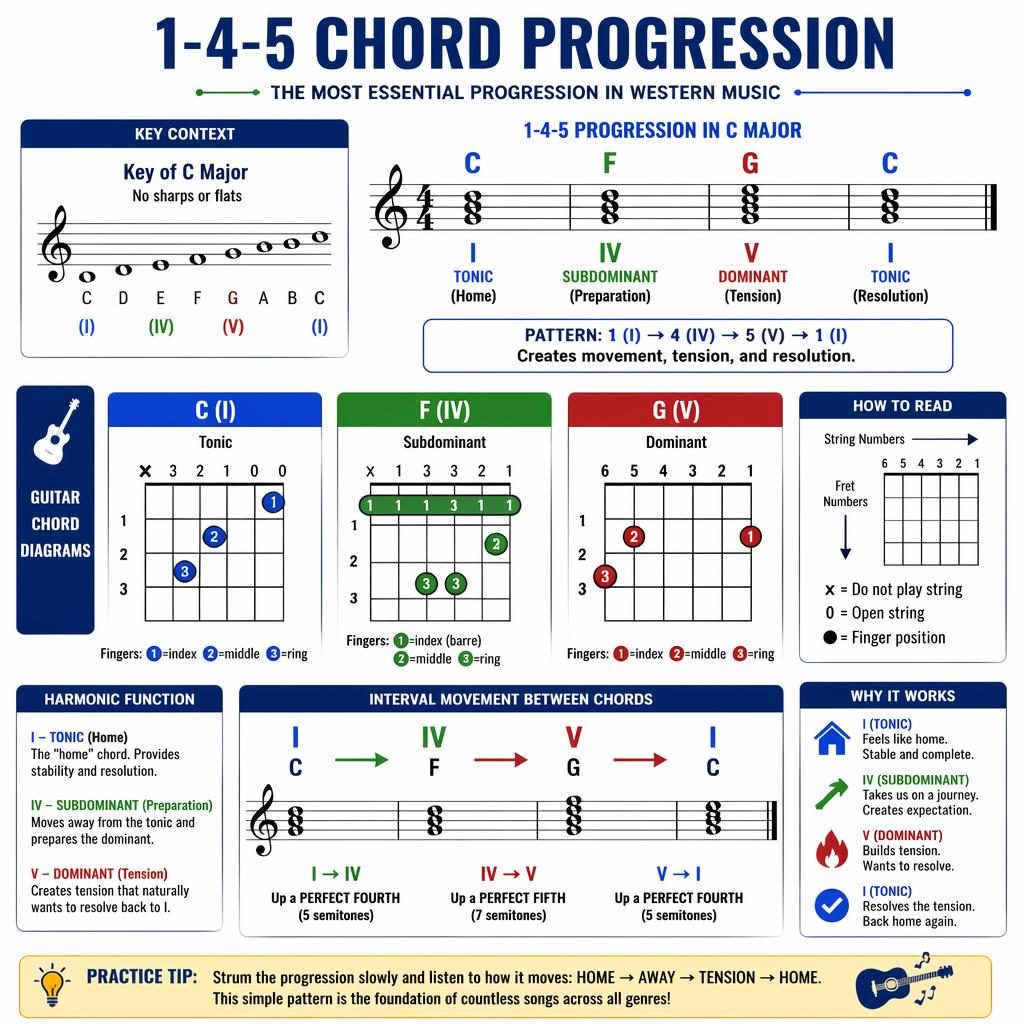 Music theory infographic with staff notation and guitar chord chart for I, IV, V chords in C-F-G or G-C-D.