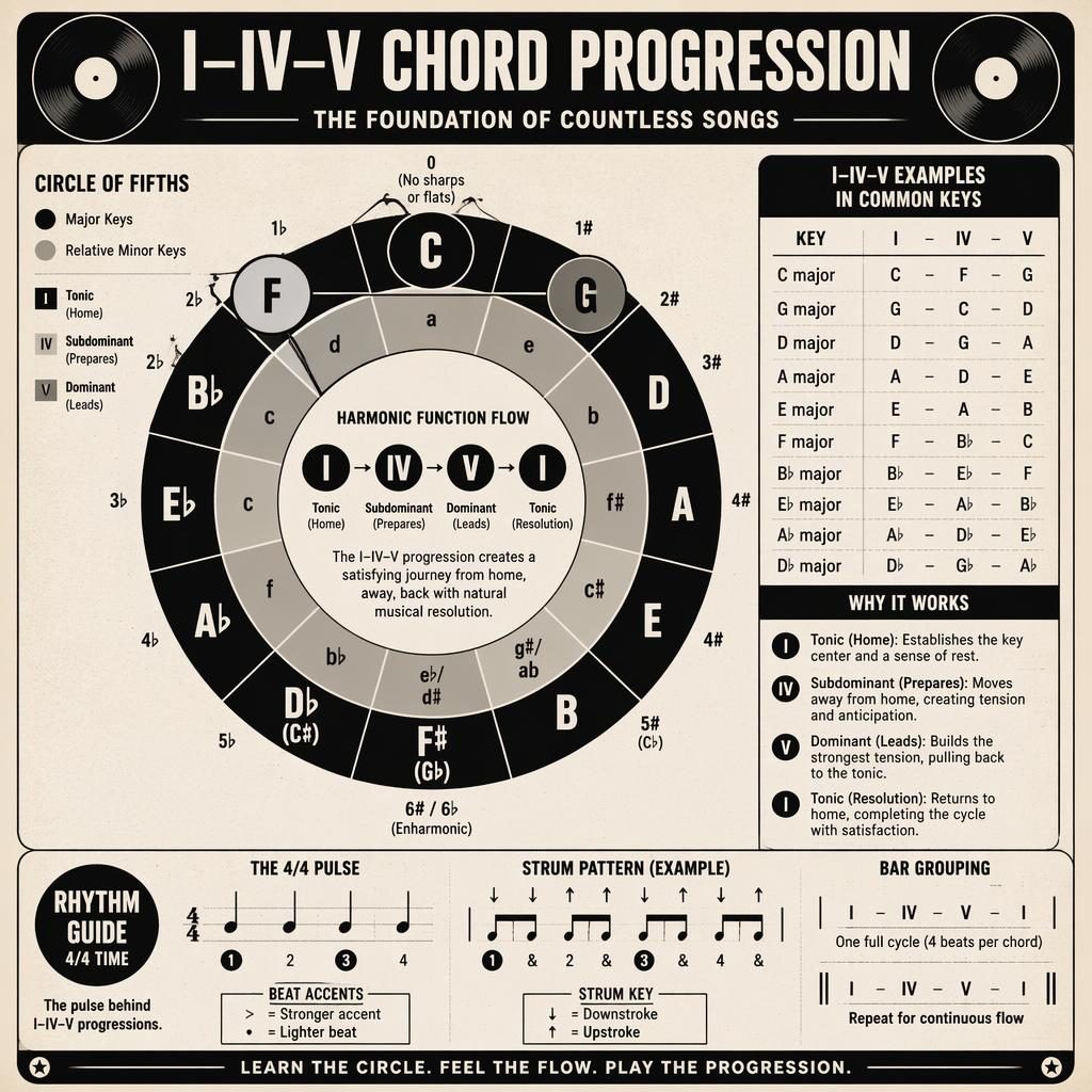 Póster retro de teoría musical con círculo de quintas de 12 posiciones, relación I–IV–V y panel rítmico en blanco y negro.