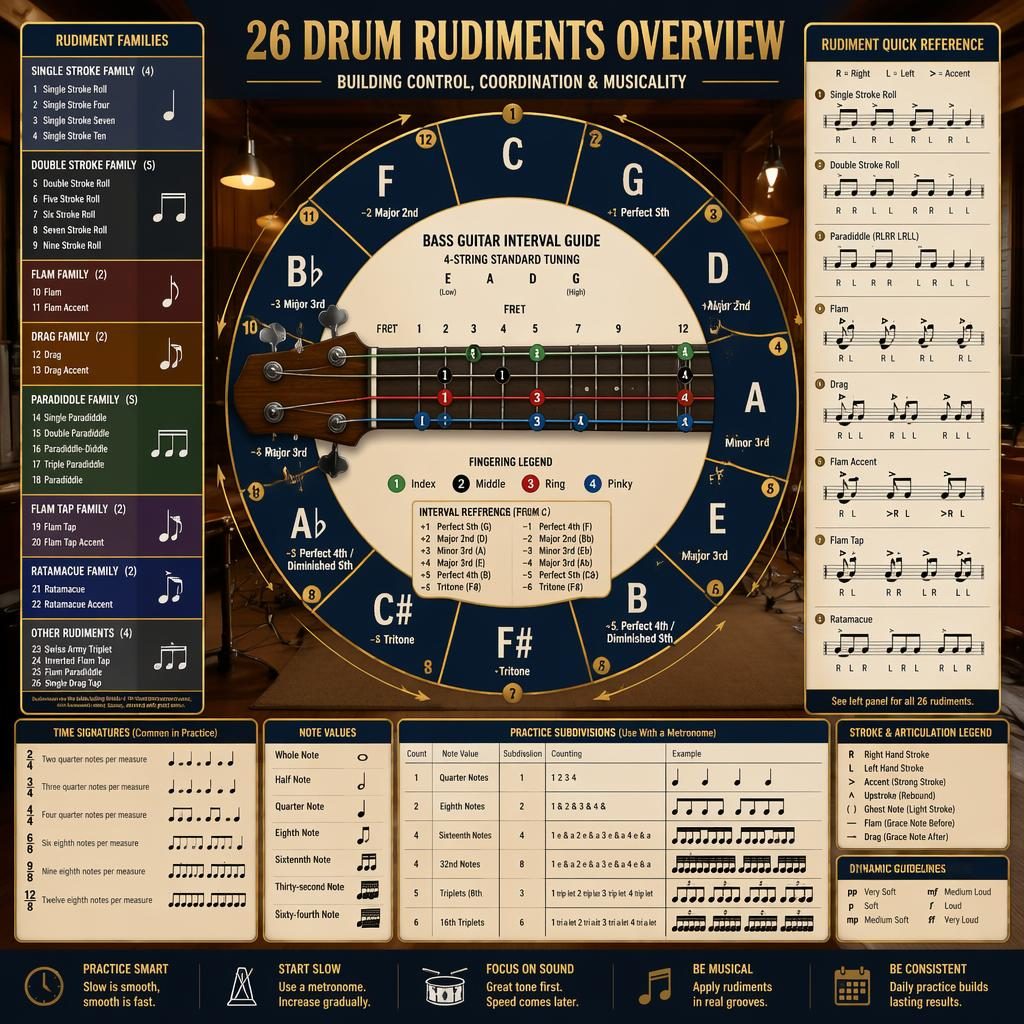Music theory infographic with bass guitar center, 12-step cycle fifths layout, and 26 drum rudiments charts in navy and gold.
