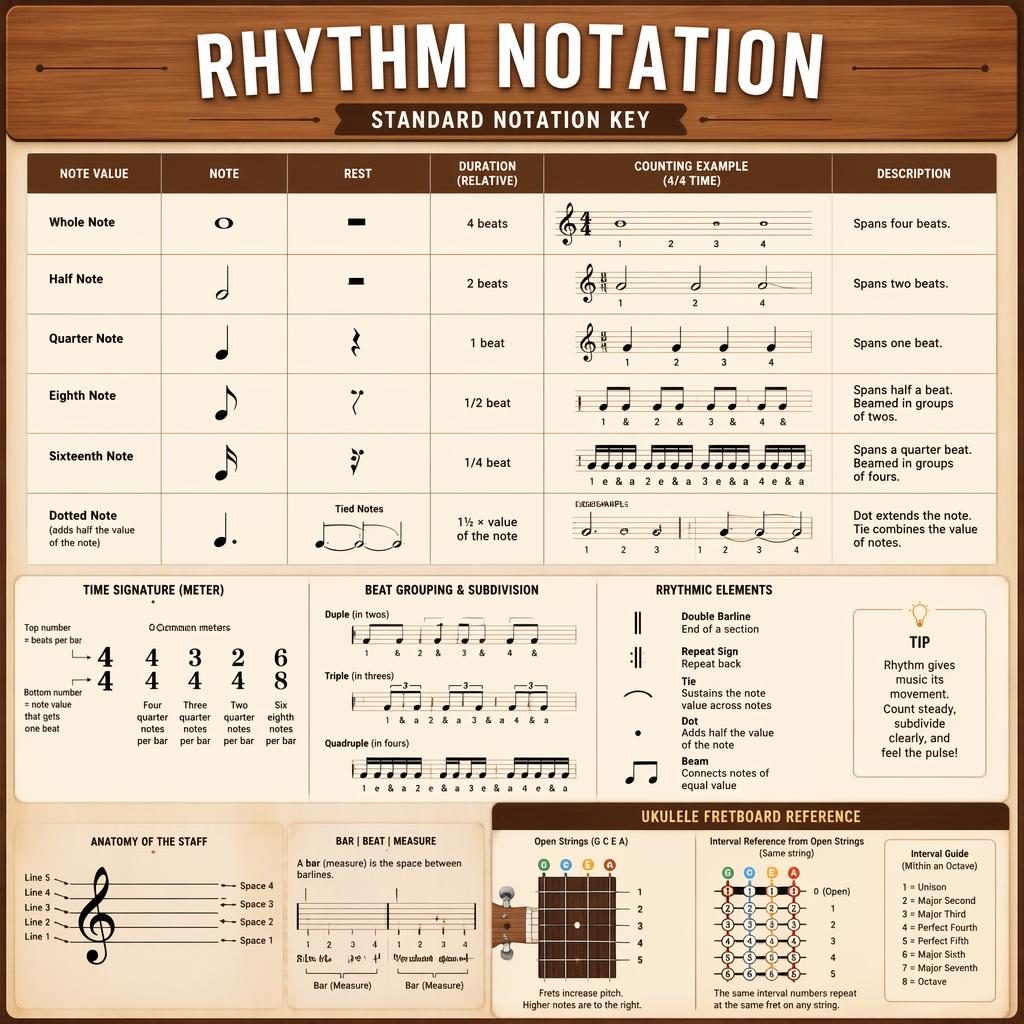 Minimal rhythm notation infographic poster with staff, notes, rests, meter examples, and a small ukulele fretboard inset.