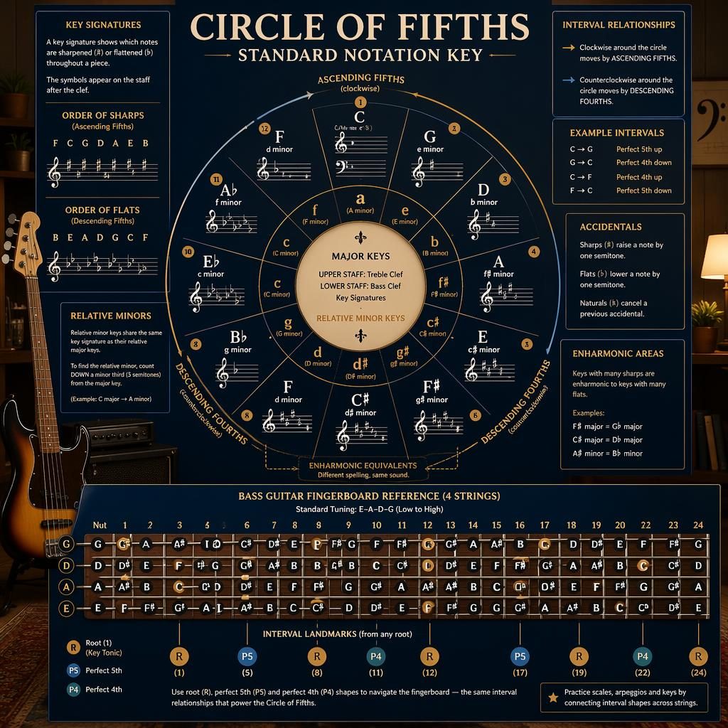 Music theory infographic poster showing a Circle of Fifths diagram, grand staff key signatures, and a bass guitar fingerboard.