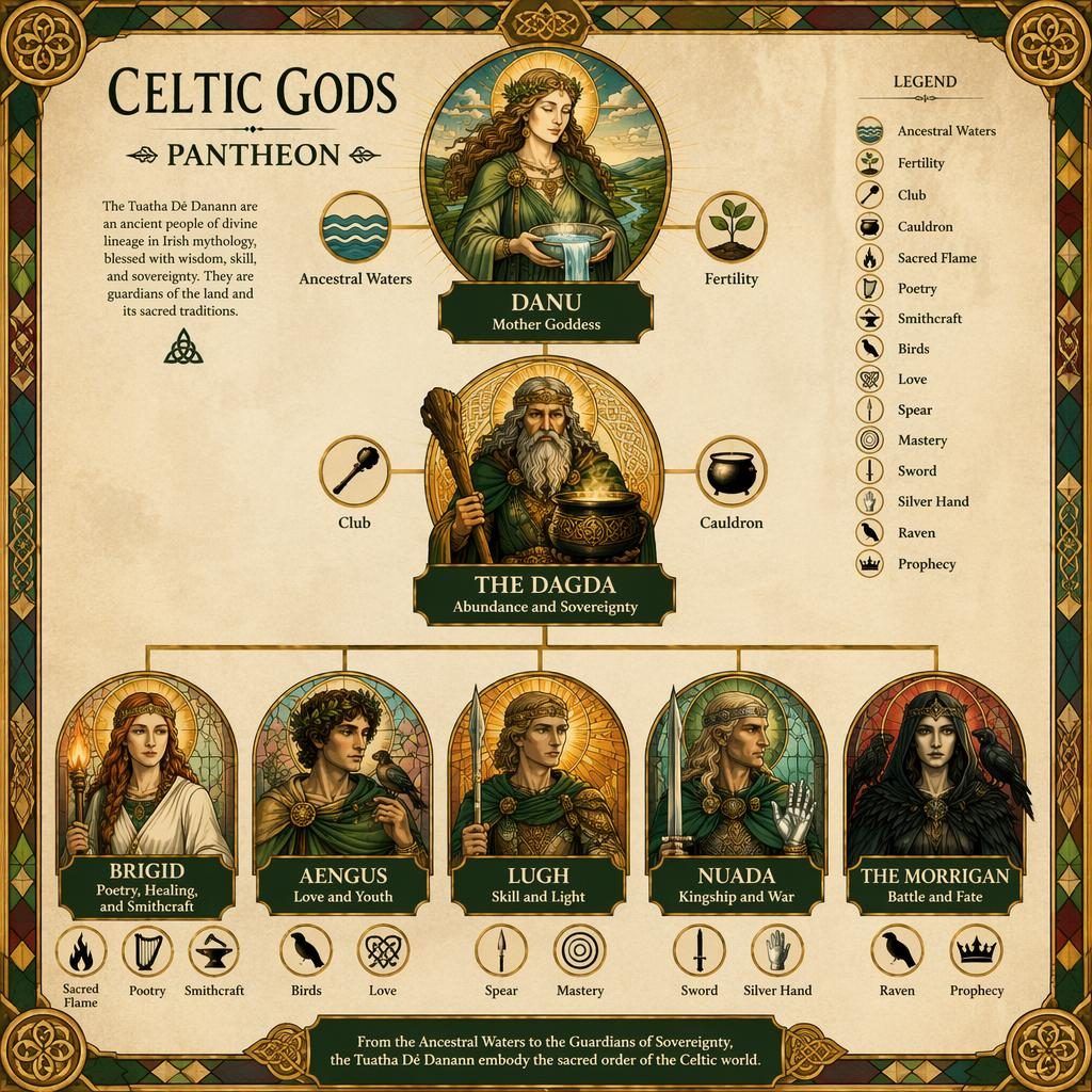 Infographie en arbre généalogique des dieux celtiques avec 7 figures, symboles, étiquettes anglaises et style enluminé.
