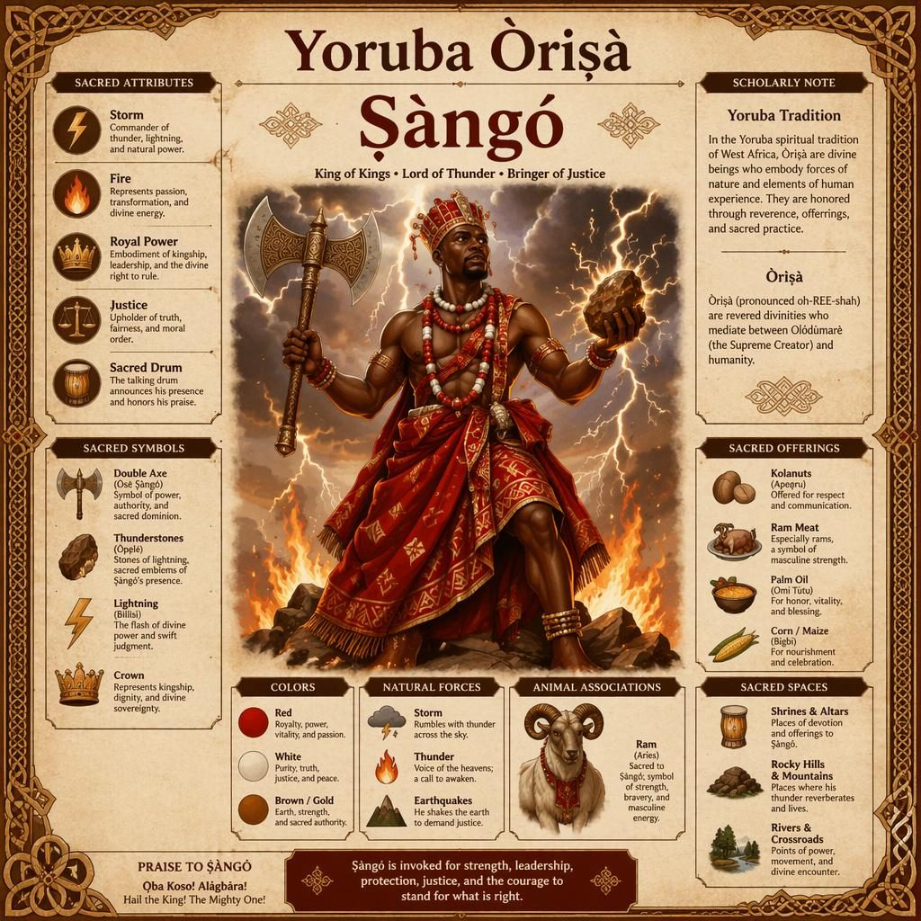 Scholarly mythology infographic of Yoruba Òrìṣà Ṣàngó with labeled panels for storm, thunder, fire, ram, axe, and justice.