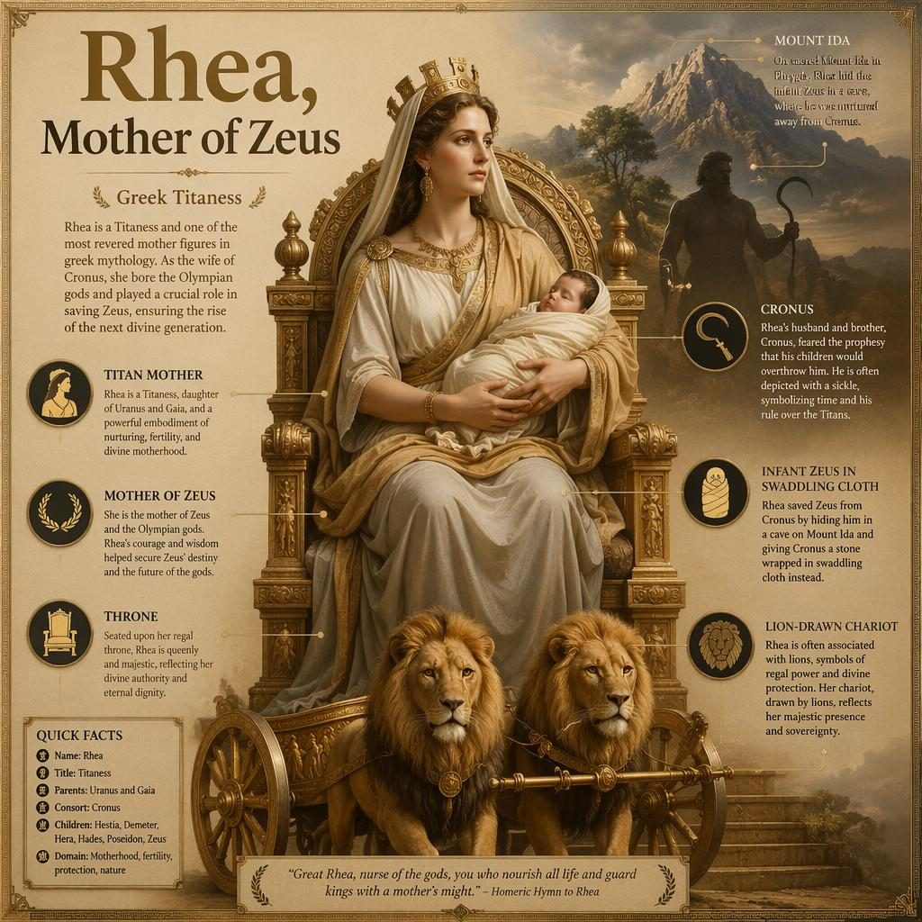 Infografik med Rhea på tron, spädbarnet Zeus, lejonvagn, Mount Ida och Cronus som skuggfigur i bakgrunden.