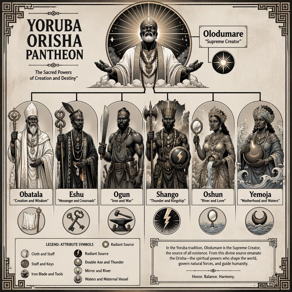 Monochrome Yoruba Orisha pantheon family-tree infographic with 7 deities, labels, sacred hierarchy, and symbolic attributes.