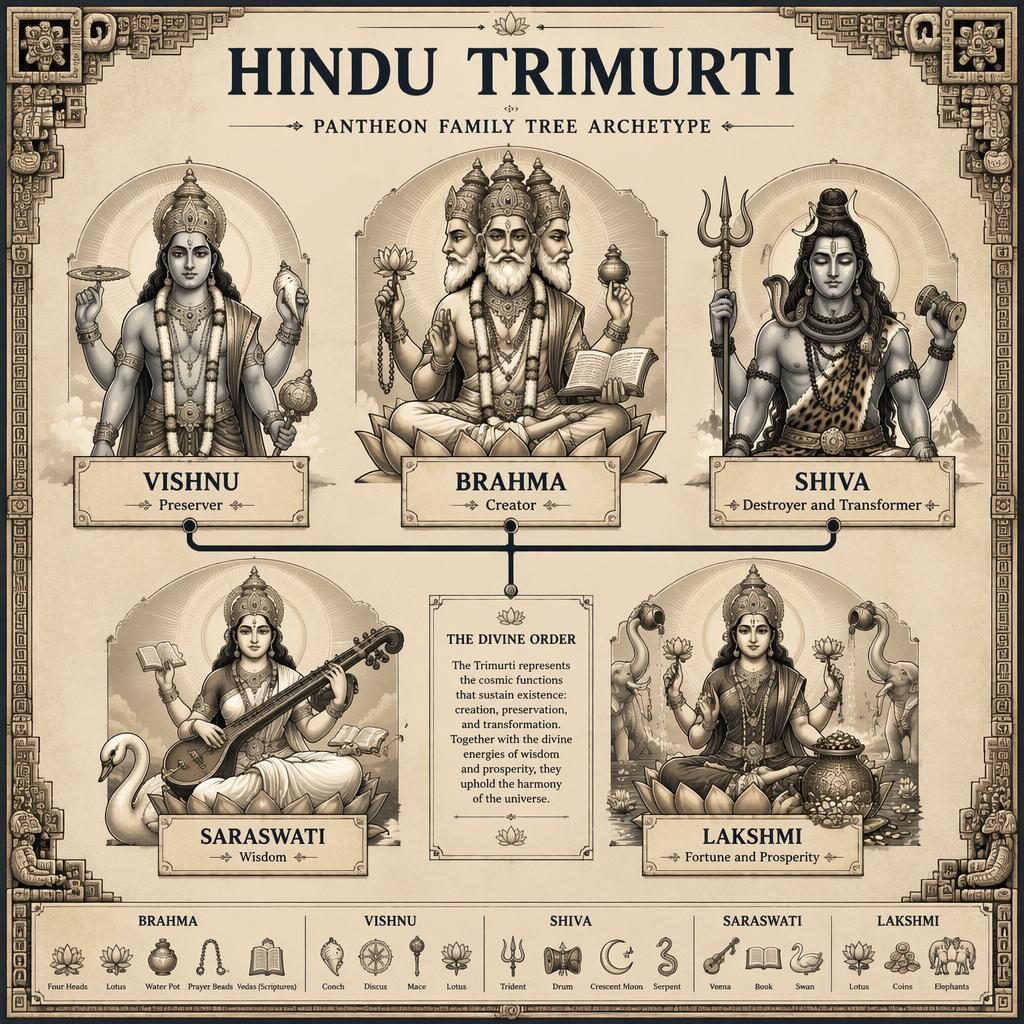 Infographie de hiérarchie sacrée avec Brahma, Vishnu, Shiva, Saraswati et Lakshmi, en style musée monochrome.