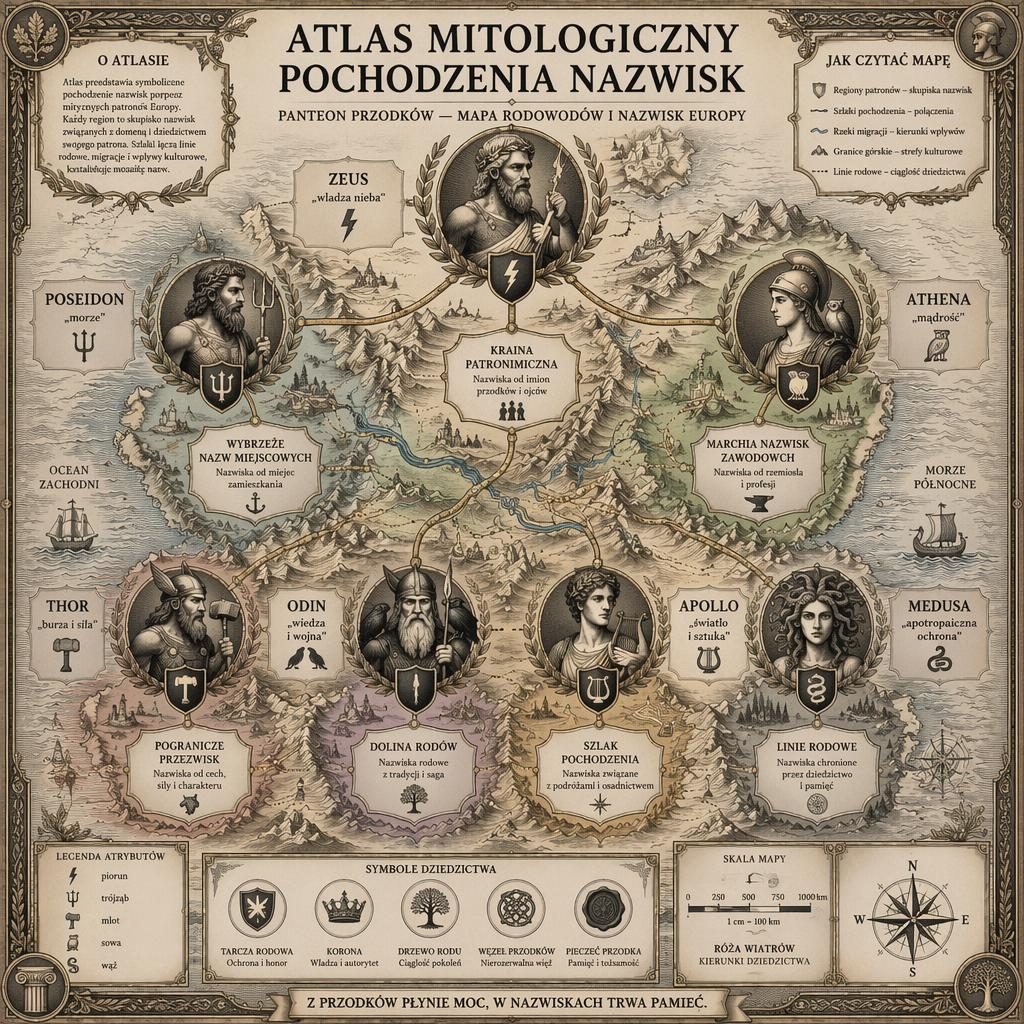 Infografika mapa nazwisk z 7 postaciami mitologicznymi na fikcyjnej mapie Europy, z legendą, kompasem i liniami rodowymi.