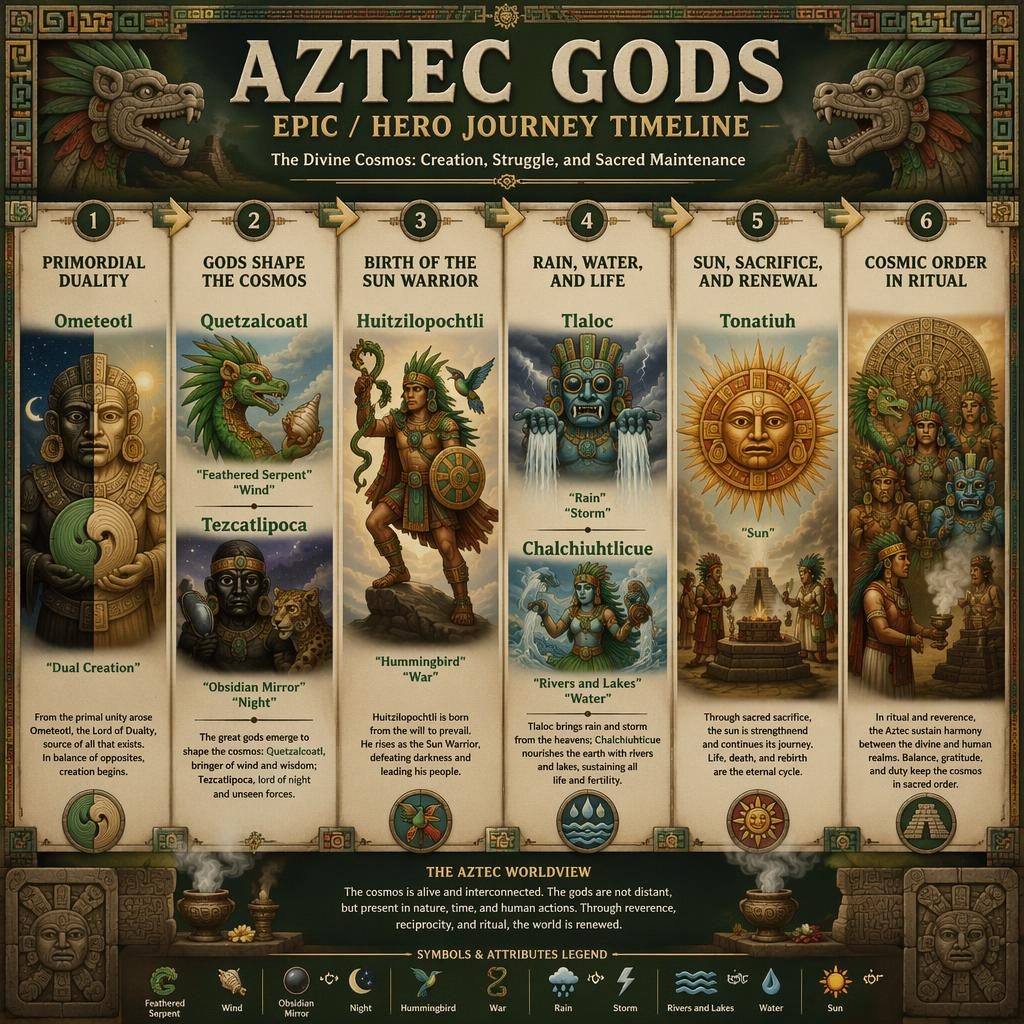 Museum-style Aztec gods timeline infographic with 6 stages, deity icons, arrows, and labeled symbols in green and amber