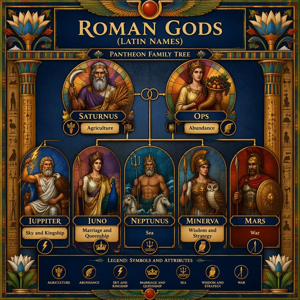 Infographic family tree of 7 Roman gods with symbols, labels, lineage lines, lotus borders, and stained-glass style.