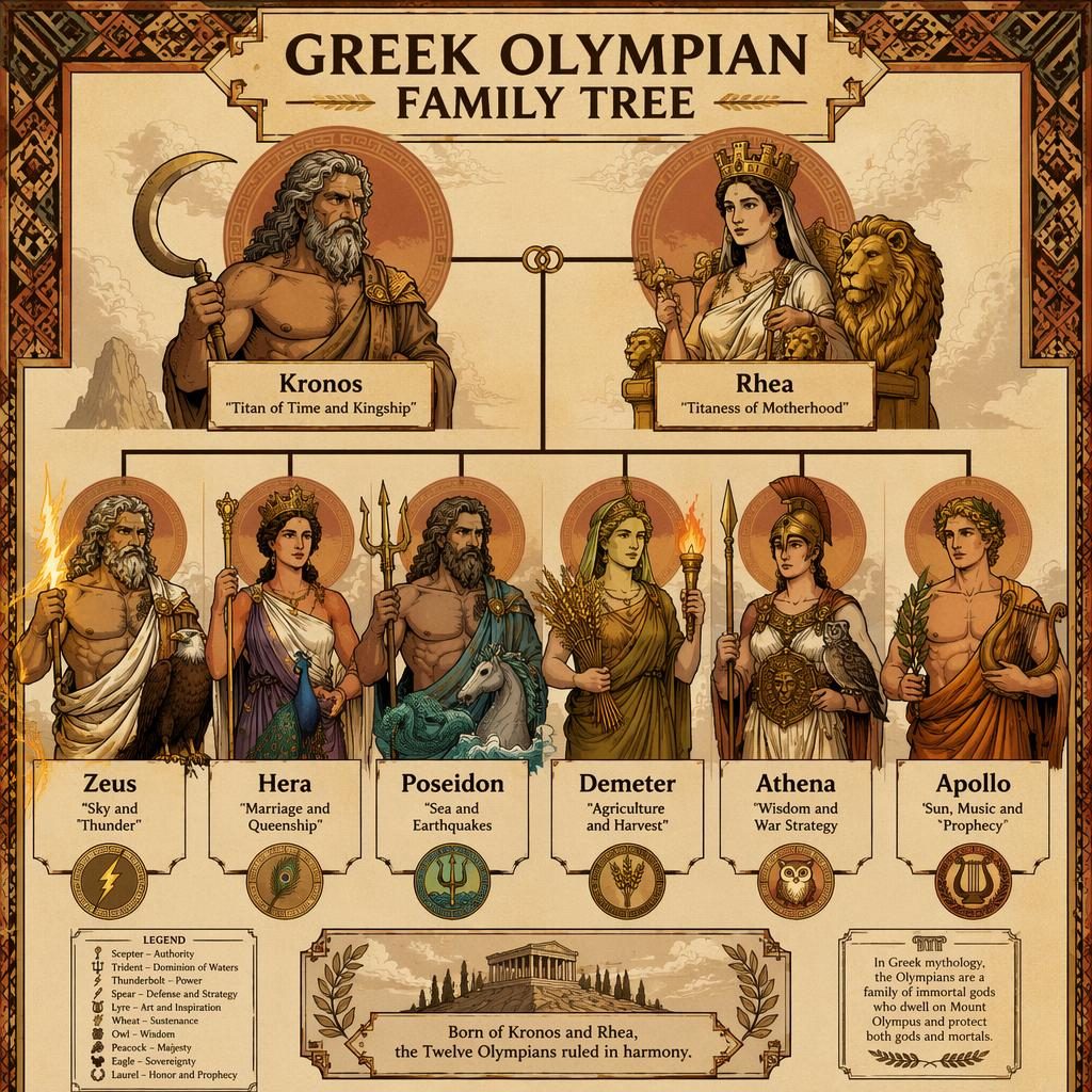 Infografía del árbol genealógico de dioses griegos con Kronos y Rhea arriba y 6 olímpicos con símbolos y líneas
