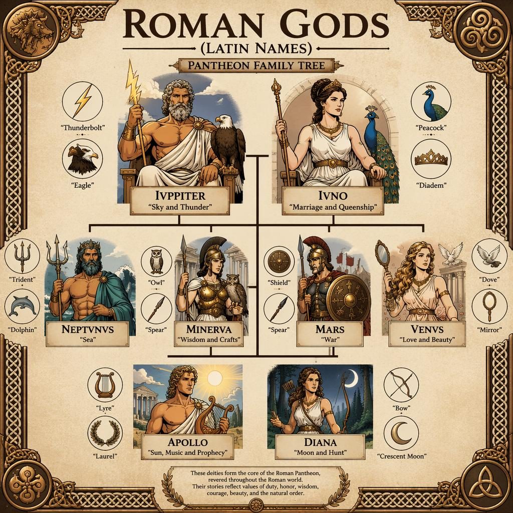 Roman gods family tree infographic with 8 deities, Latin names, domain labels, symbols, bronze parchment design