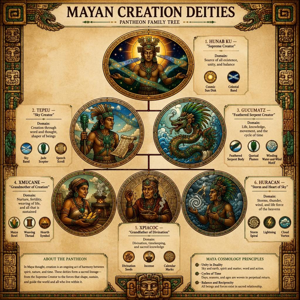 Mayan creation deities pantheon poster infographic with 6 labeled figures in a family tree, stained-glass icon style.