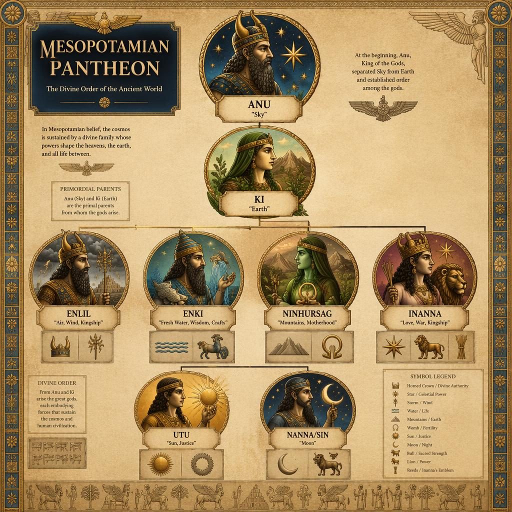 Infographie du panthéon mésopotamien en arbre généalogique avec 8 divinités, lignes de filiation, symboles et style musée.