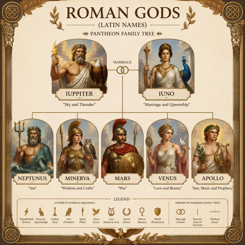 Editorial infographic of 7 Roman gods in a family tree with Latin nameplates, attributes, English domain labels, and legend.