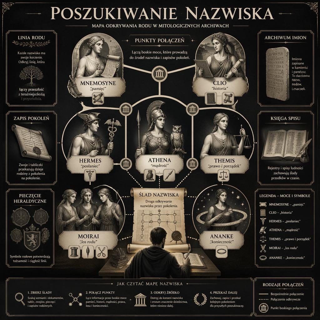 Mitologiczna infografika drzewa rodu z 7 postaciami i centralnym badaczem śledzącym nazwisko przez pokolenia.