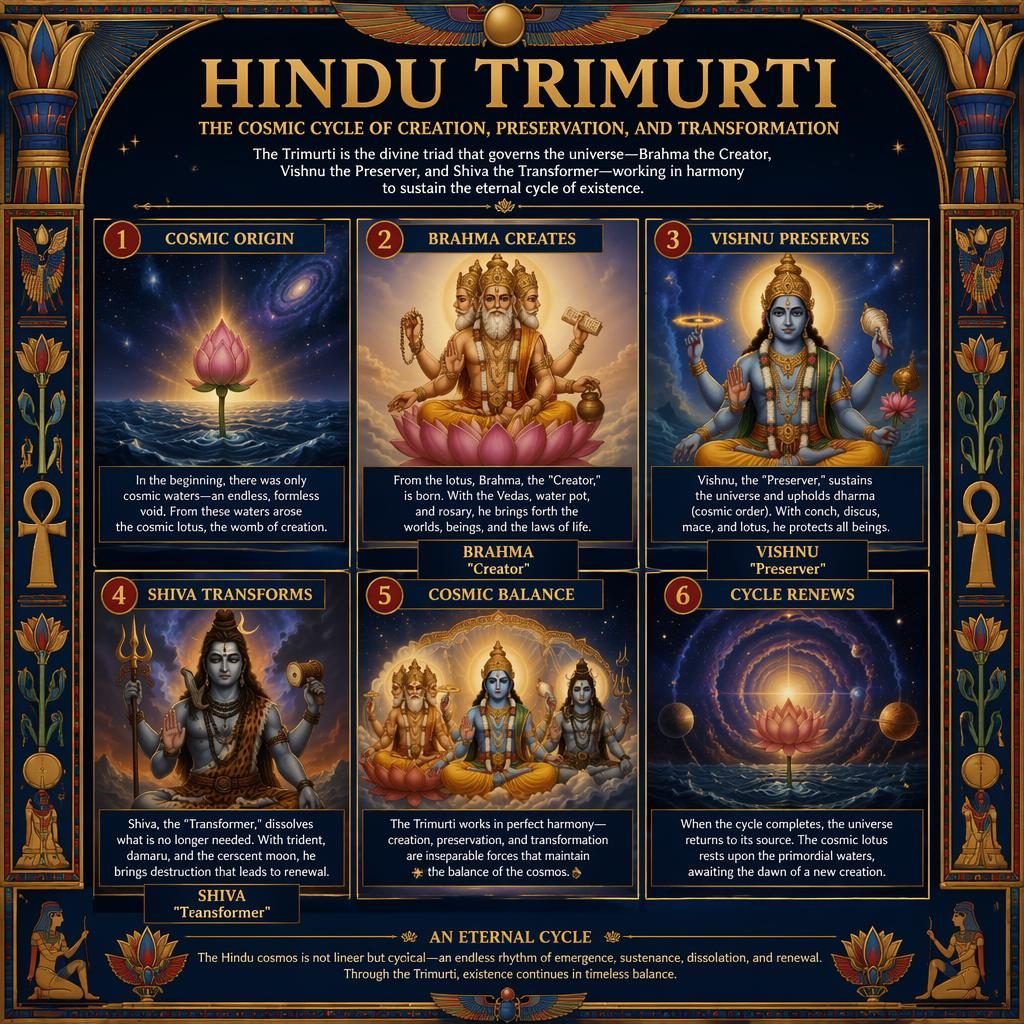Museum-style infographic showing a 6-stage Hindu Trimurti timeline with Brahma, Vishnu, Shiva, captions, and ornate border.
