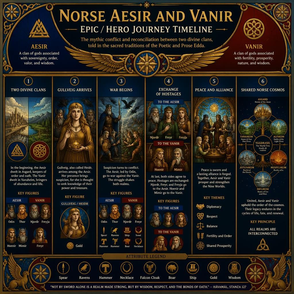 Infografía de 6 etapas sobre los Æsir y Vanir con Odín, Thor, Freyja, Freyr, Njörðr, Gullveig, Hœnir y Mímir.