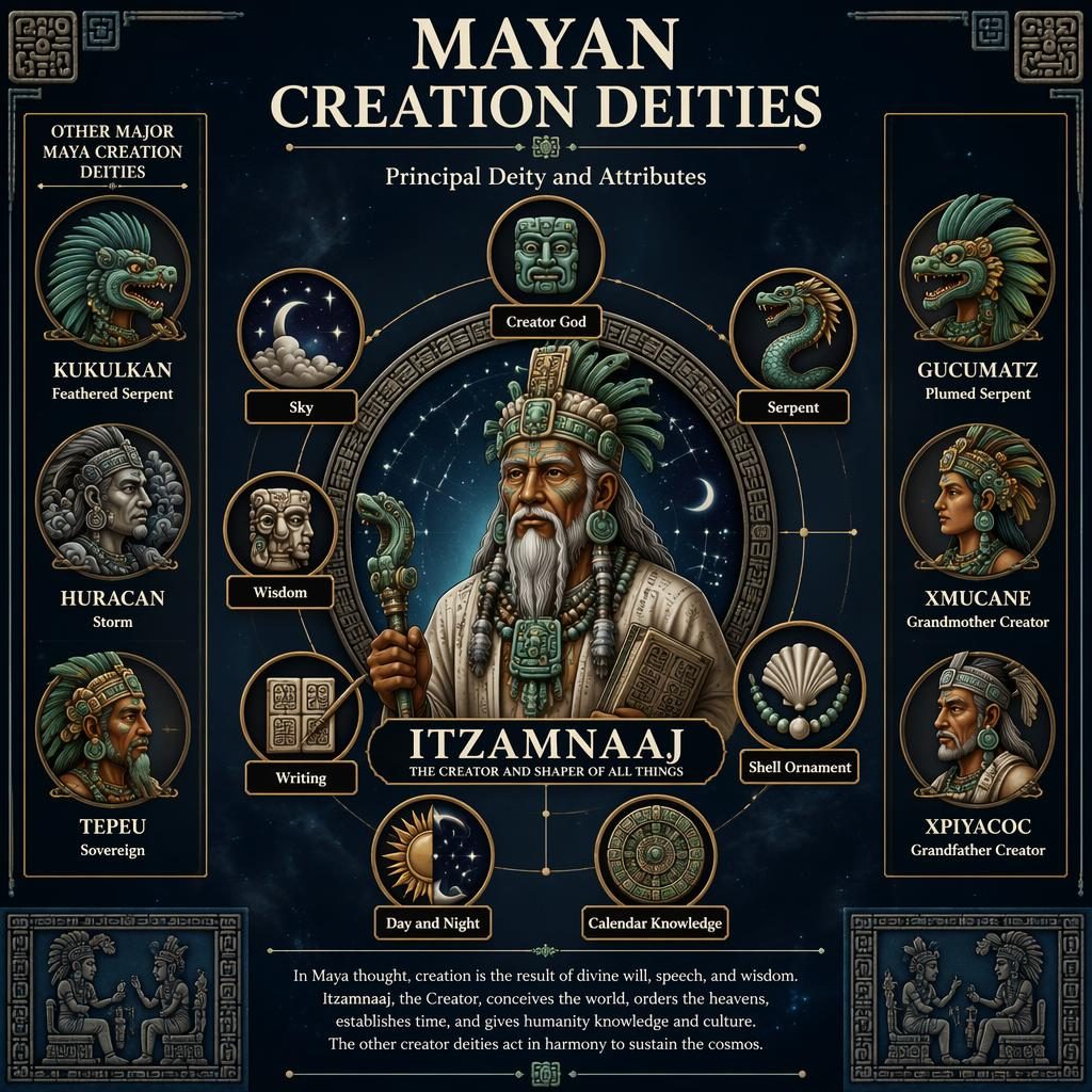 Infographic poster of Itzamnaaj with labeled Maya creation deity attributes and inset medallions for Kukulkan, Huracan, Tepeu, Gucumatz, Xmucane, and Xpiyacoc.