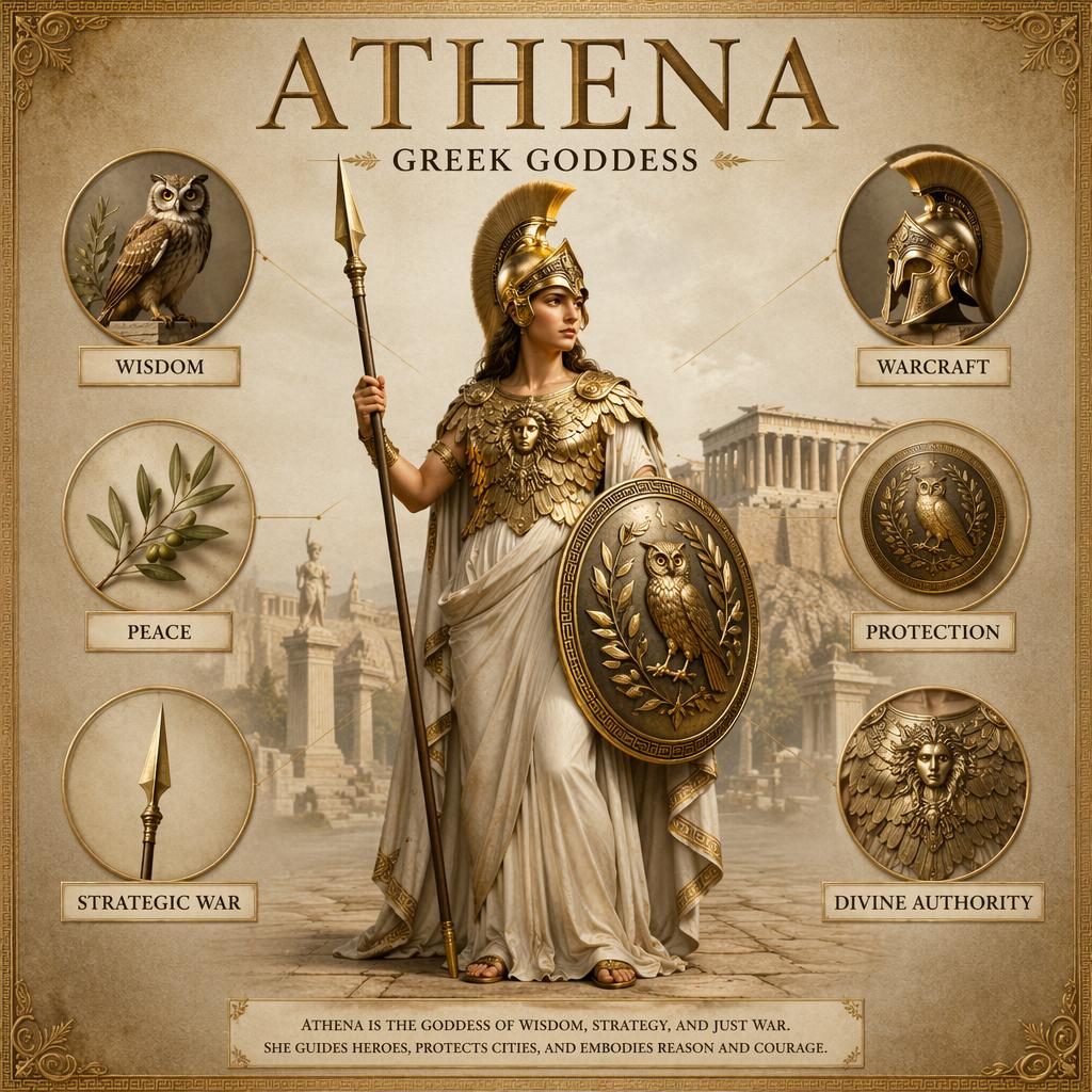 Fotorealistisk infographic med Athena i helfigur, hjälm, spjut, sköld, aegis och ikoner för visdom, fred och skydd.