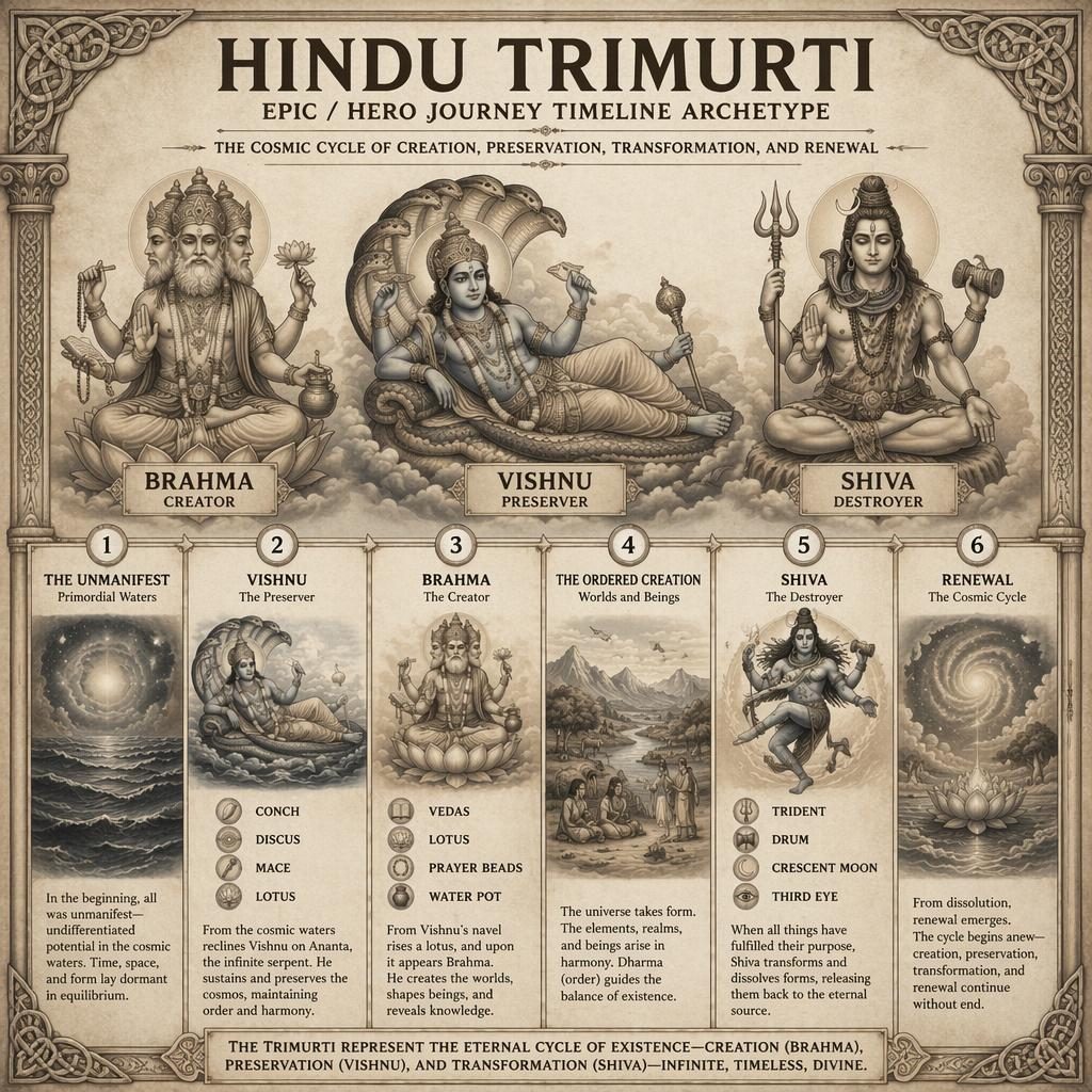 Museum-style Hindu Trimurti infographic with 6-stage creation timeline, showing Brahma, Vishnu, Shiva and subtle Norse border motifs.