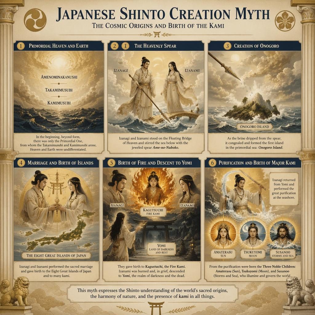 Infographie en 6 étapes du mythe shinto, style fresque parchemin et or, avec Izanagi, Izanami, Onogoro et les kami majeurs.
