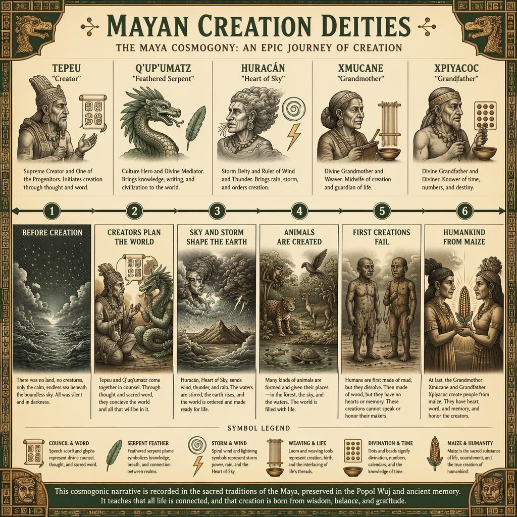 Infographie vintage en 6 étapes sur les divinités créatrices mayas, avec Tepeu, Q'uq'umatz, Huracán, Xmucane et Xpiyacoc.