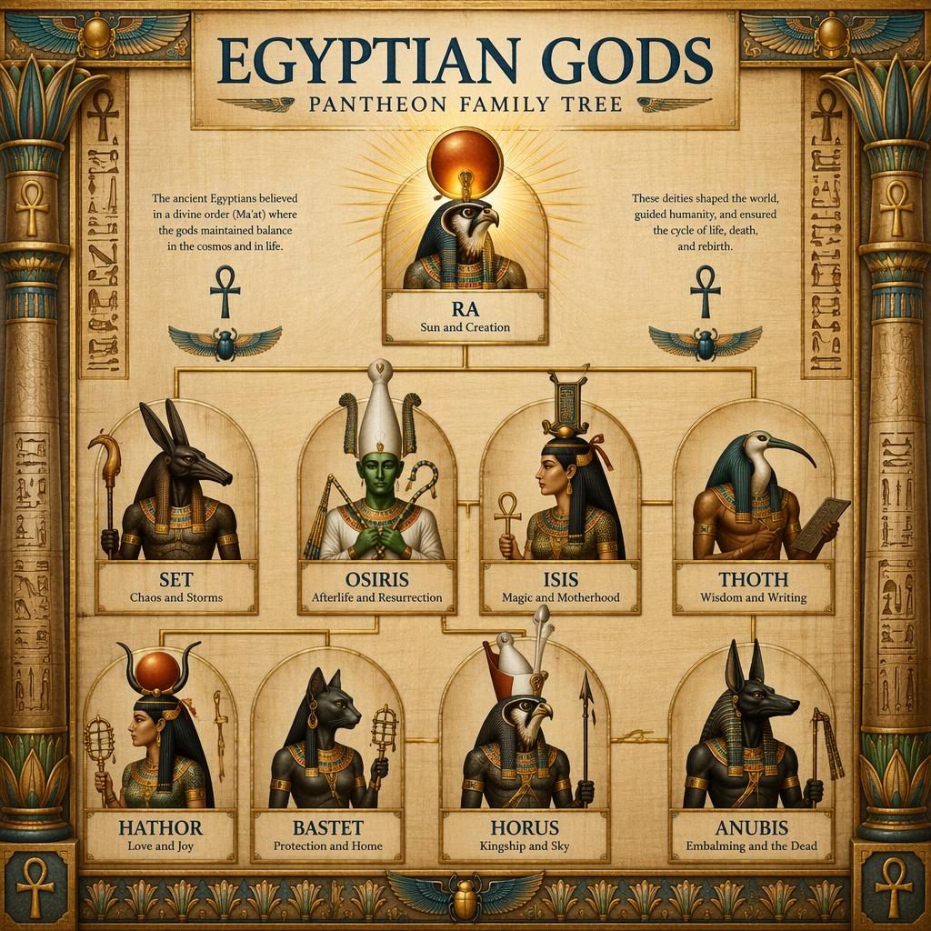 Infografika egyptského panteonu jako rodokmen s bohy Ra, Osiris, Isis, Horus, Set, Hathor, Bastet, Thoth a Anubis.
