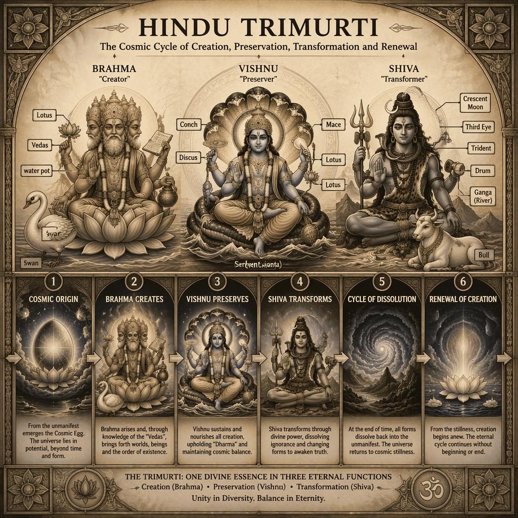 Infografía mitológica de la Trimurti hindú con 6 etapas, Brahma, Vishnu y Shiva, paneles conectados y estilo vidriera.