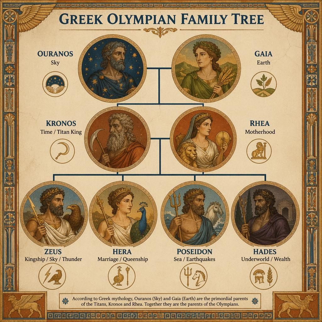 Infographie généalogique des dieux grecs avec Ouranos, Gaia, Kronos, Rhéa, Zeus, Héra, Poséidon et Hadès.