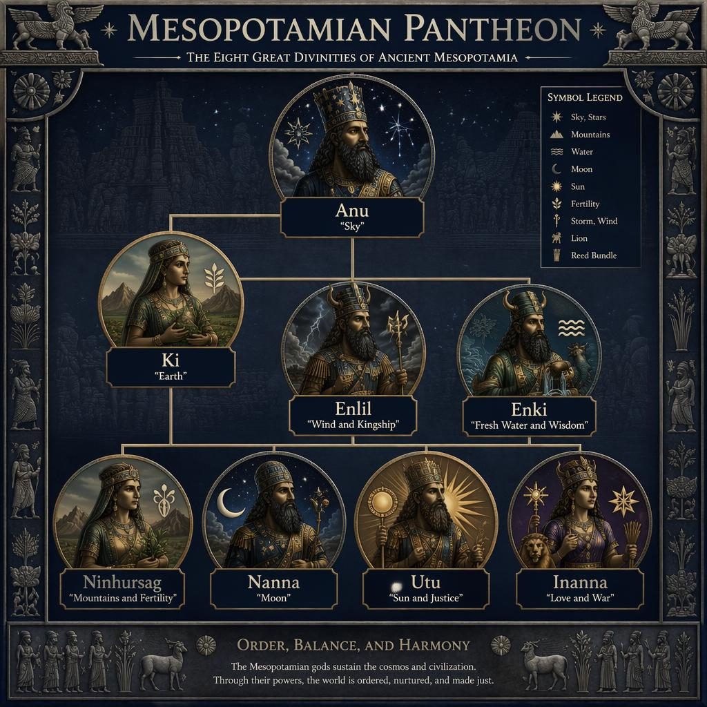 Infografía del panteón mesopotámico con árbol familiar de 8 deidades, símbolos divinos y diseño tipo póster de museo.