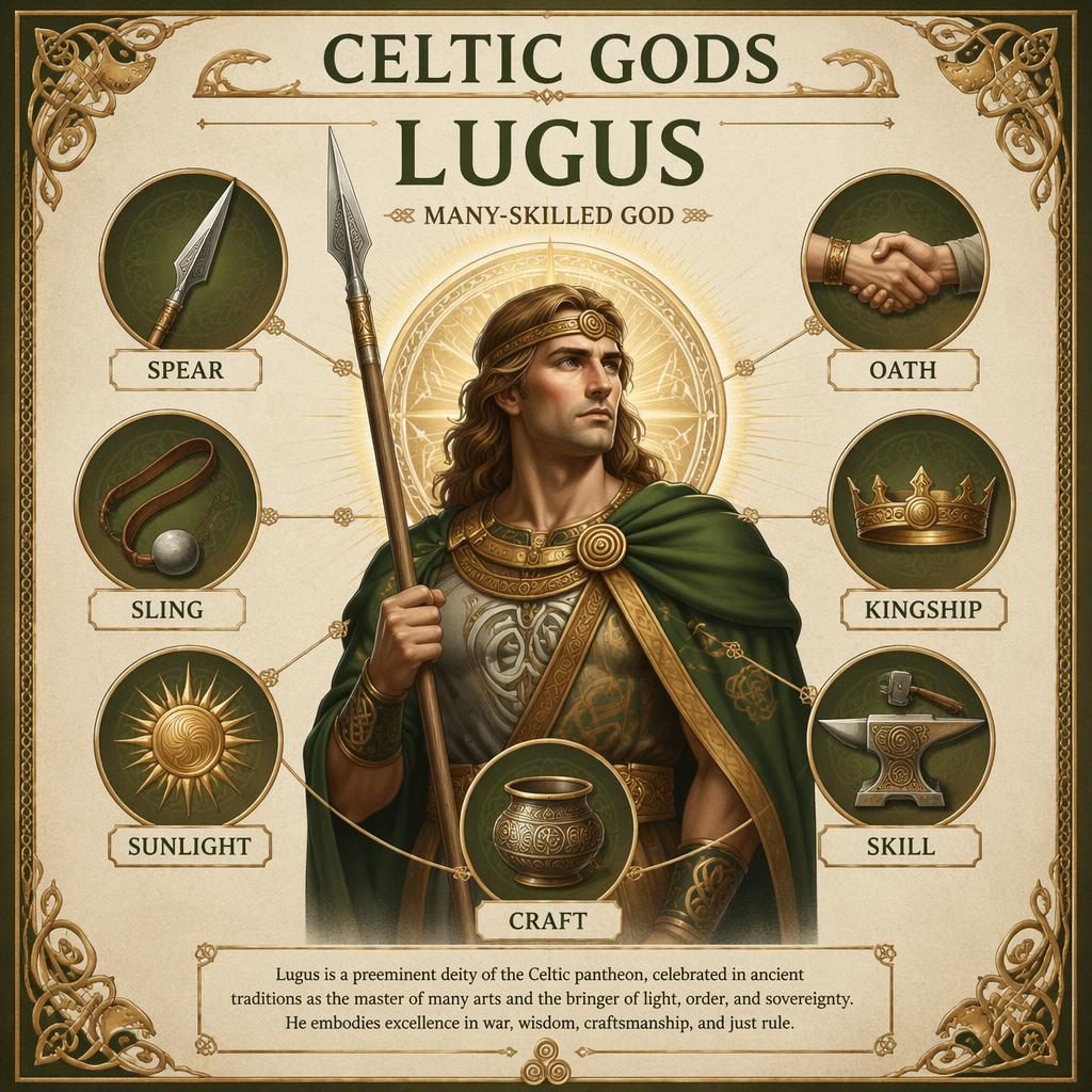 Infografía tipo póster de museo con retrato de Lugus al centro, iconos de lanza, honda, sol, juramento, realeza, habilidad y artesanía.