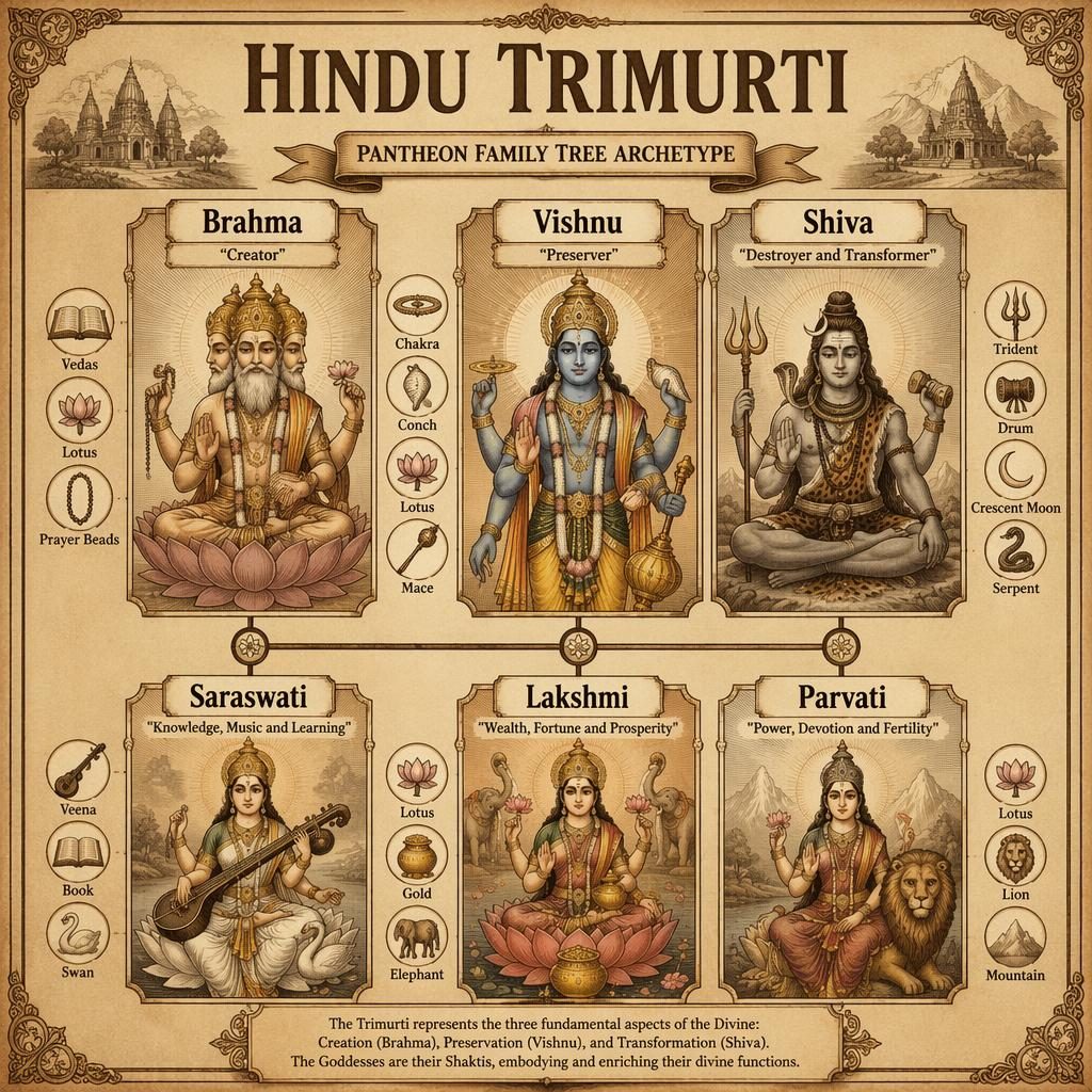 Vintage-style Hindu Trimurti family tree infographic with Brahma, Vishnu, Shiva and Saraswati, Lakshmi, Parvati.