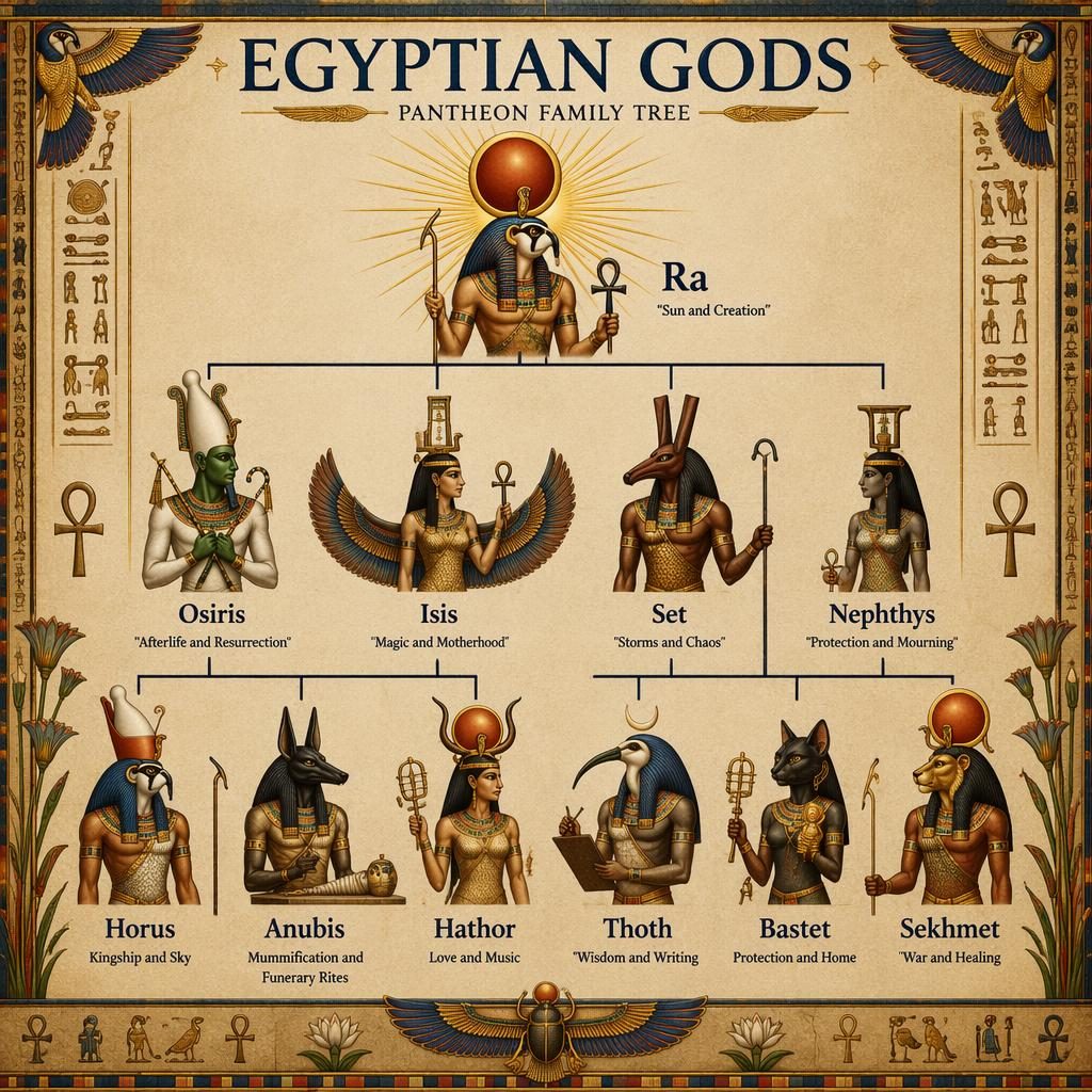 Muzejní infografický plakát s rodokmenem egyptských bohů, v čele Ra a pod ním Osiris, Isis, Set, Horus a další.