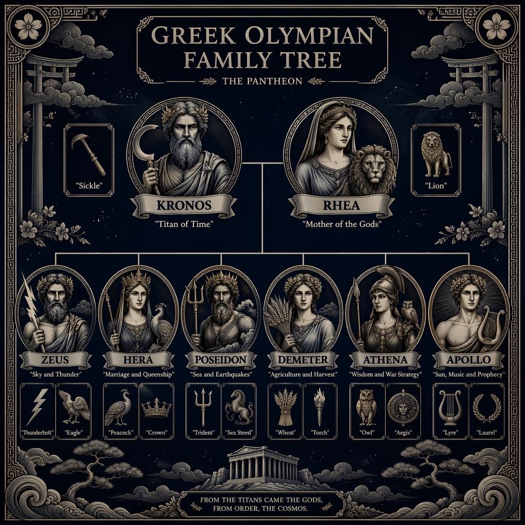 Infografía vintage del árbol genealógico de dioses griegos con Kronos, Rhea, Zeus, Hera, Poseidon, Demeter, Athena y Apollo.